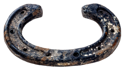 Old rusted horseshoe with white speckles on white background isolated on a transparent background