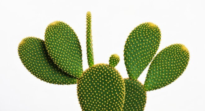 Bunny ear cactus close-up; green pads dotted with yellow glochids against white