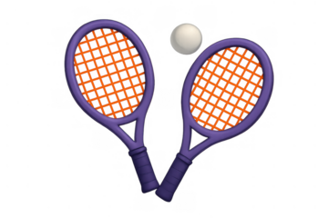 Tennis rackets in purple and orange with a white tennis ball, representing sports, game, and competition equipment