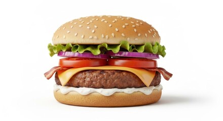 Delicious hamburger with patty, cheese, lettuce, tomatoes, onion, bacon on white