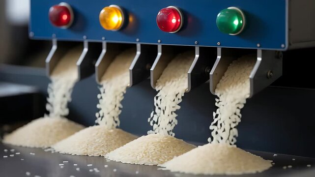 Industrial machine sorting rice grains with red and green indicator lights image photo
