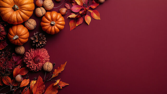 Elegant autumn border with mini pumpkins, flowers, walnuts, and fall leaves on a rich maroon background. Perfect seasonal copy space.