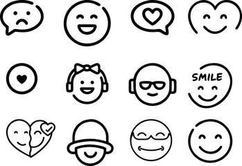 A charming collection of twelve handdrawn emoticon icons, each expressing a unique emotion with simple yet expressive lines, from joy to love, these minimalist designs capture the essence of human fee