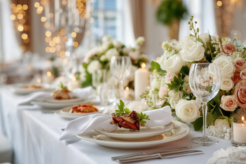 Fototapeta premium Elegantes Buffet und festlich gedeckte Tische bei exklusiver Feier oder Hochzeit