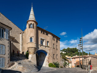 Fototapeta premium Exterior view of the Peñiscola building in Hyères, France, with its porch built in the 16th century ahead of the Saint-Paul gate