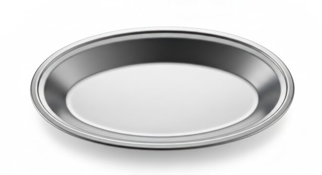 Empty, round, silver pie tin with raised edge on a white background