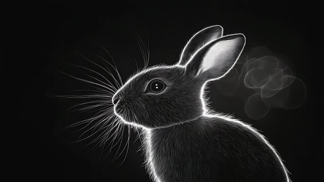A sleek rabbit is depicted against a dark background, its fur outlined by soft light. This rabbit exudes a quiet grace, emphasizing the beauty of the rabbit's features and presence