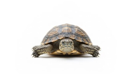 Front view of a brown tortoise with patterned shell against a white background