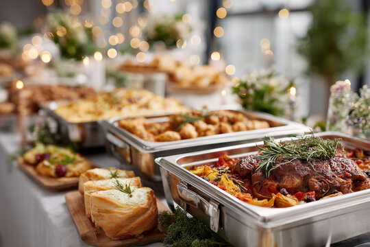 Elegantes Buffet und festlich gedeckte Tische bei exklusiver Feier oder Hochzeit