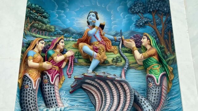 Lord Krishna reclining on Sheshnag, the cosmic serpent, representing preservation and universal balance. The vibrant artwork beautifully showcases Hindu mythology, craftsmanship, and divine 