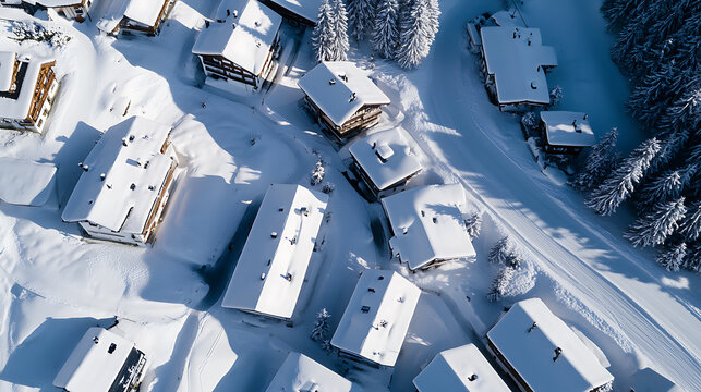 Aerial view of snow-covered chalets, nestled in a winter wonderland. The pristine white landscape creates a serene scene of mountain living. Trees line the road.