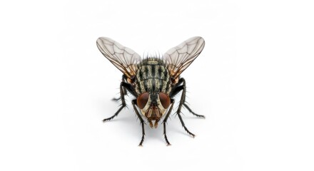 Macro view of a fly with patterned wings, isolated on a plain white background