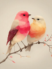 Colorful love birds sitting on a branch with autumn leaves - Concept of Valentine&rsquo;s Day  