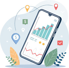Mobile finance app with growth chart and digital money analytics illustration