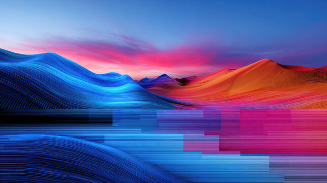Sand dunes blending into digital pixels, merging real and virtual nature
