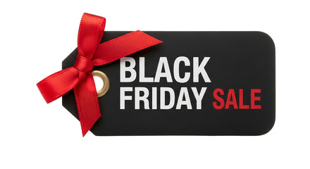Black Friday sale tag with red ribbon on transparent background  