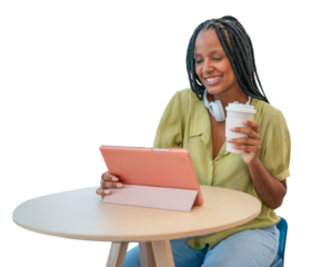 Black woman smiling, working remotely with tablet and coffee with transparent background