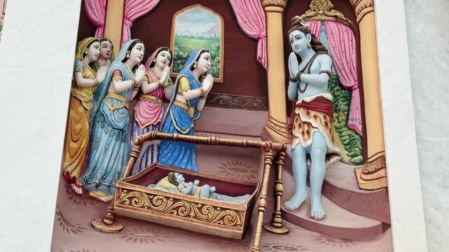 Lord Shiv Blessing to Child Krishna in cradle and maa Yashoda, Hindu sculpture in India