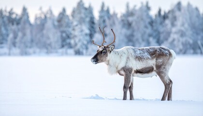 Reindeer standing in snowy forest winter landscape