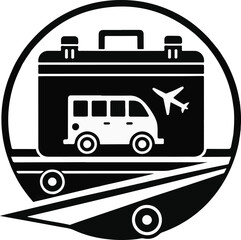 Travel and transportation icon with suitcase, van, and airplane silhouette