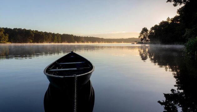 Wooden boat on calm lake water in morning light