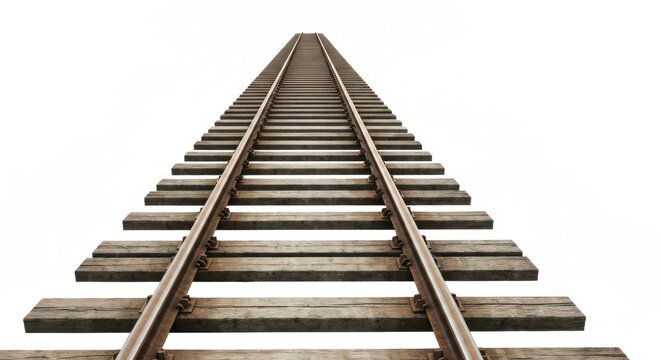 Railroad tracks receding into distance on white background, worm's eye view