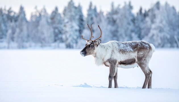 Reindeer standing in snowy forest winter landscape