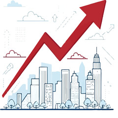 Business growth and city development concept with red upward arrow illustration