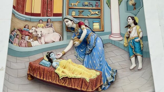 Sculpture depicting loving scene of baby Krishna with mother Yashoda, symbolizing maternal affection and divinity.