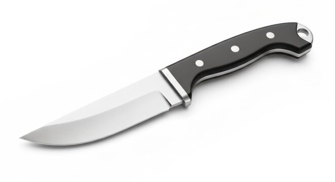 Sharp knife with dark handle and bright blade, resting on a white surface