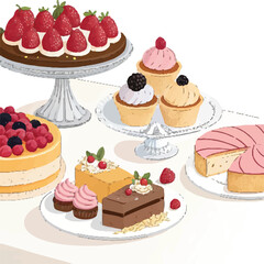 Assorted Elegant Cakes and Cupcakes on Dessert Table – Hand-Drawn Illustration of Sweet Pastries
