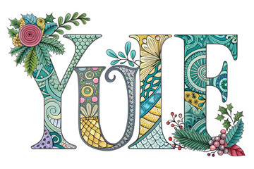 "Whimsical Yule: A Zentangle-Inspired Christmas Lettering Art Piece with Festive Botanical Embellishments"