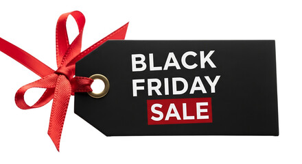 Black Friday Sale tag with red ribbon on transparent background  