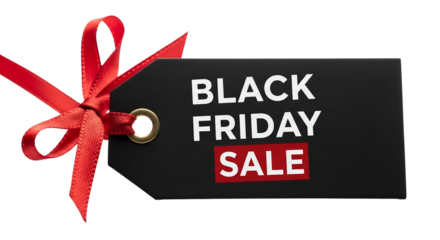 Black Friday Sale tag with red ribbon on transparent background  