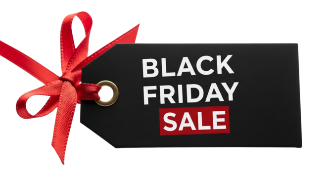 Black Friday Sale tag with red ribbon on transparent background  