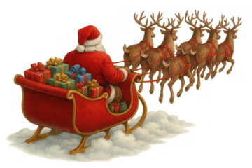 Santa claus riding sleigh with reindeer delivering christmas gifts, winter holiday season, vintage illustration, transparent background