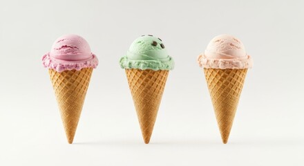 Three ice cream cones, pink, mint-chip, peach, arranged on a plain backdrop