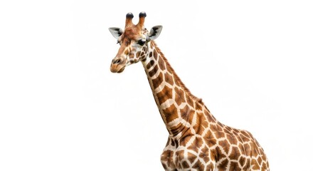 Tall giraffe portrait; tan body, brown spots, long neck against white backdrop