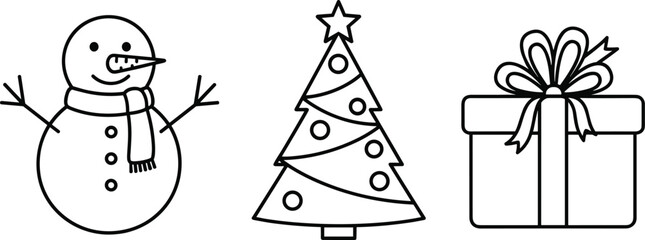 Cute Christmas line art icons of snowman, decorated Christmas tree, and gift box with ribbon for festive holiday design