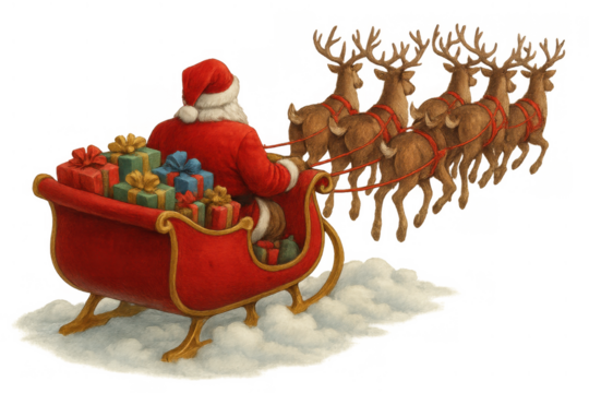 Santa claus riding sleigh with reindeer delivering christmas gifts, winter holiday season, vintage illustration, transparent background