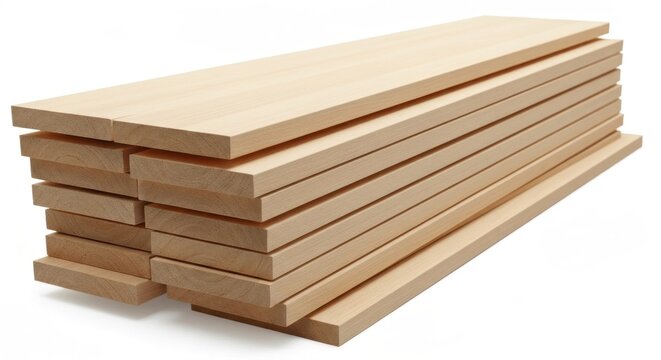 Stack of planed, pale wooden boards, neatly aligned against white backdrop