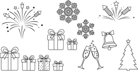 Holiday celebration line art icons — fireworks, snowflakes, gifts, champagne glasses, bell and Christmas tree — festive outline clipart set