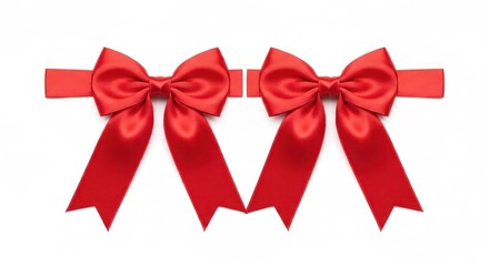Fototapeta premium Two symmetric, bright red satin bows with long ribbon tails on white