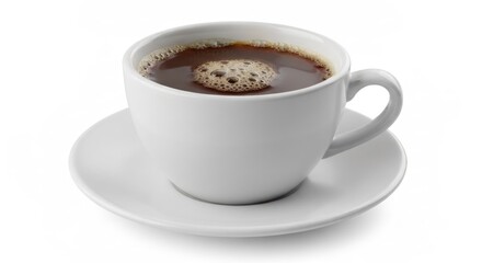 Fototapeta premium White cup of dark coffee on a saucer, short shadow, isolated on white background