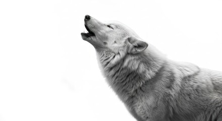 Naklejka premium White wolf, head tilted back, mouth open, howling against a bright background