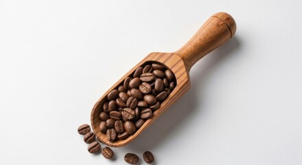 Obraz premium Wooden scoop filled with brown coffee beans on white surface, soft shadows