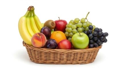 Woven basket filled with an assortment of colorful fresh fruits on a white surface