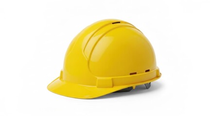 Yellow construction helmet resting on a white surface in clean studio light