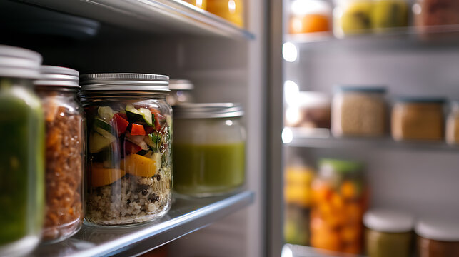 Organized fridge with jars filled with healthy food. Colorful salads, soups, and grains stored for convenience, promoting a balanced and nutritious lifestyle. Healthy Meal-Prep.