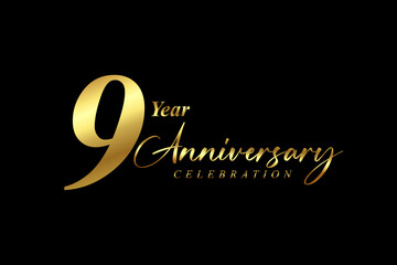 9th year Anniversary celebration. Gold luxury banner vector illustration.